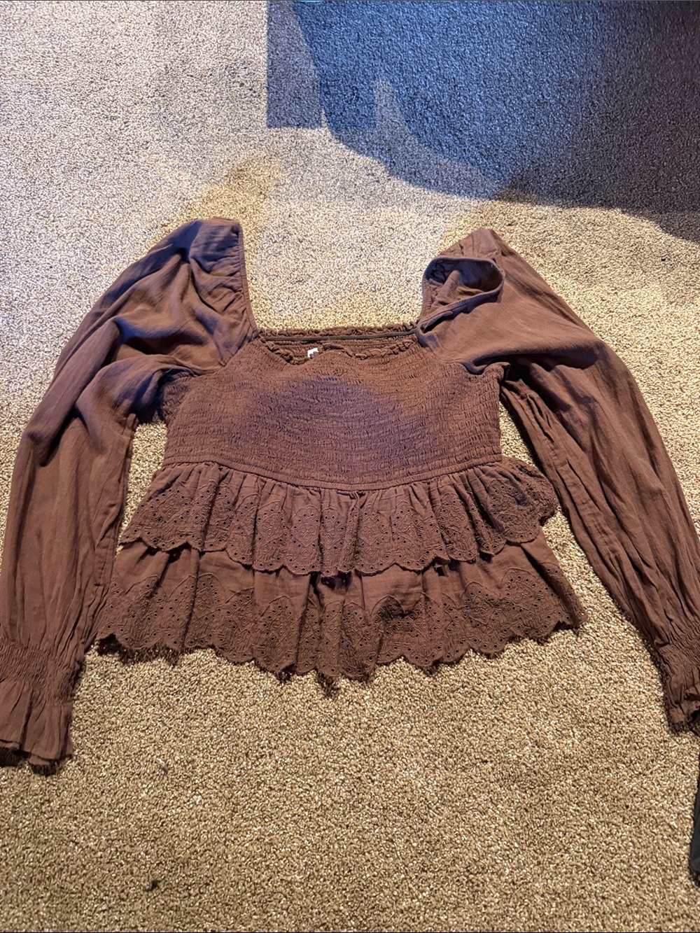 American Eagle Outfitters Brown Tiered Lace Peasant Blouse